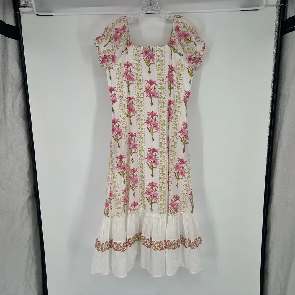 Islapayal Pink Floral Puff Sleeve Off-the-Shoulder Bohemian Midi Dress Small NWT - Picture 9 of 9